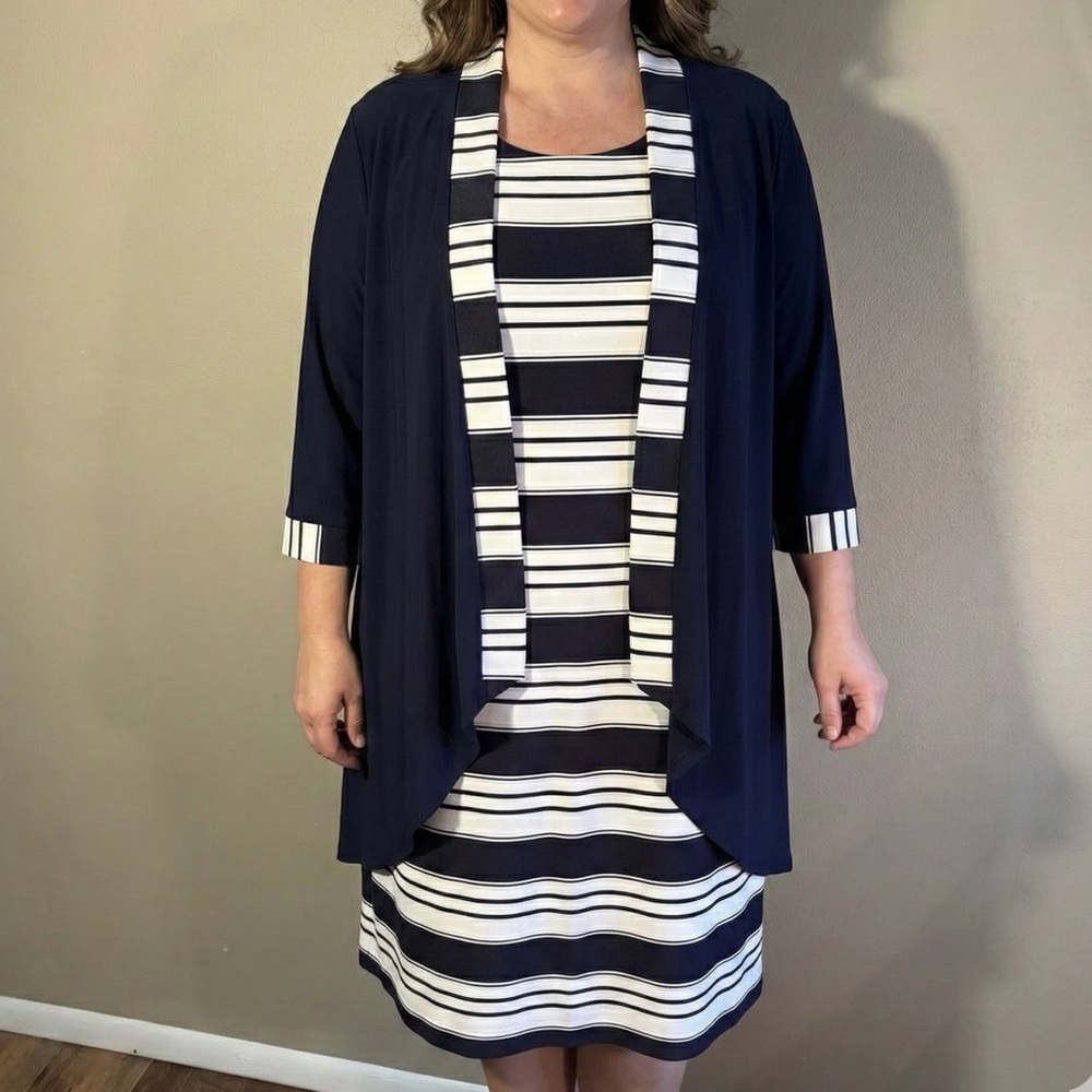LIKE NEW R&M Richards Navy Blue White Striped 2 Piece Dress & Cardigan Set Sz 14
